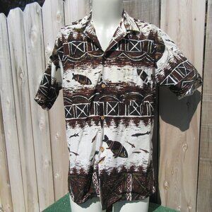 Vintage Hawaiian Surf Pacific Sportswear Fish Handprint Shirt Men's Size Large